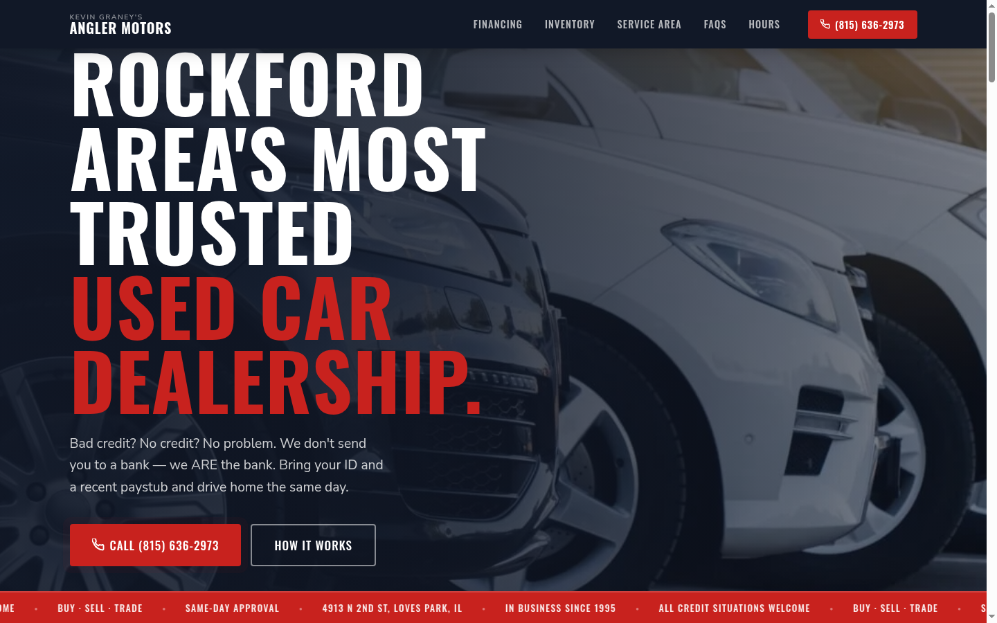Angler Motors used car dealership website built by Lead Development in Rockford IL