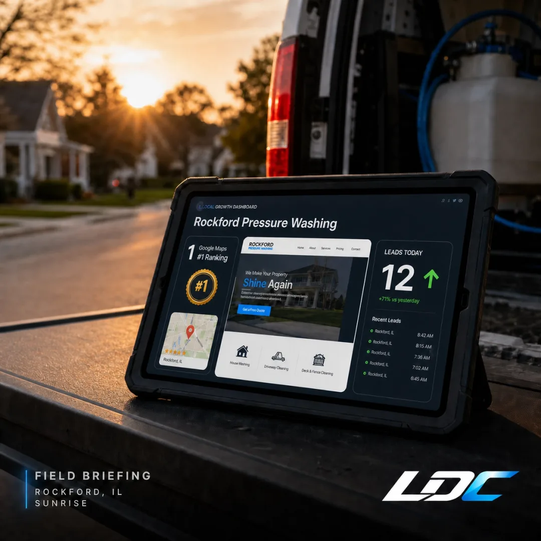 Lead Development Meta ad sample: tablet showing Rockford Pressure Washing growth dashboard at sunrise on a work truck