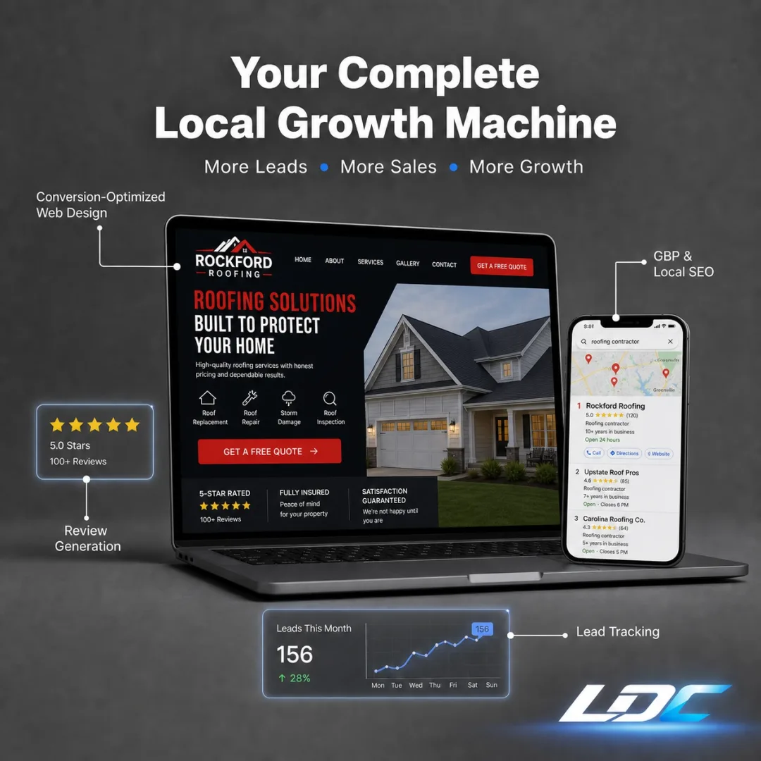 Lead Development Meta ad sample: laptop and phone mockup with Rockford Roofing website demo, GBP screenshot, and lead-tracking chart