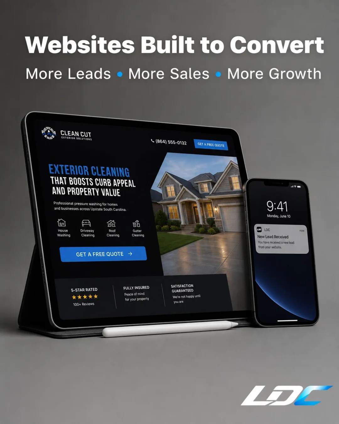Lead Development Meta ad sample showing 'Websites Built to Convert' headline with a tablet and phone displaying a Clean Cut exterior cleaning website demo on a dark background