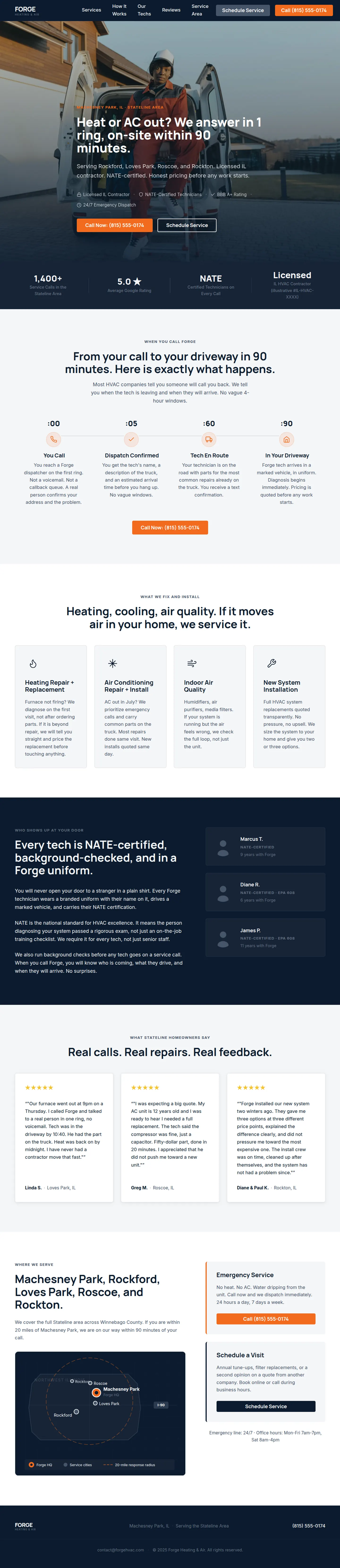 Full-page screenshot of Forge Heating and Air demo site: industrial dark steel palette, furnace and AC service stack, financing call-out, seasonal maintenance plans