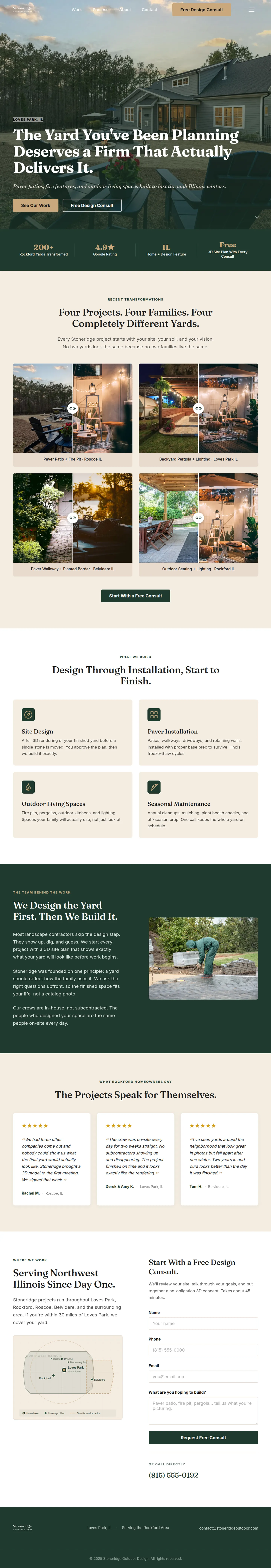 Full-page screenshot of Stoneridge Outdoor Design demo site: forest green and warm stone palette, four before-and-after slider portfolio cards, design process timeline